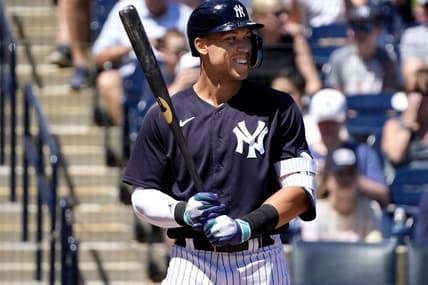 Mar 21, 2023; Tampa, Florida, USA; New York Yankees center fielder Aaron Judge (99) smiles before striking out against the Detroit Tigers during the first inning at George M. Steinbrenner Field. Mandatory Credit: Dave Nelson-USA TODAY Sports