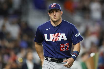 Mar 21, 2023; Miami, Florida, USA; USA center fielder Mike Trout (27) looks on prior to the game against Japan at LoanDepot Park. Mandatory Credit: Sam Navarro-USA TODAY Sports
