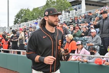 Mar 22, 2023; Scottsdale, Arizona, USA; San Francisco Giants shortstop Brandon Crawford (35) looks on prior to a Spring Training game against the Texas Rangers at Scottsdale Stadium. Mandatory Credit: Matt Kartozian-USA TODAY Sports