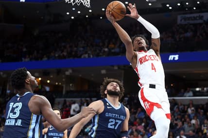 Mar 22, 2023; Memphis, Tennessee, USA; Houston Rockets guard Jalen Green (4) drives to the basket during the first half against the Memphis Grizzlies at FedExForum. Mandatory Credit: Petre Thomas-USA TODAY Sports