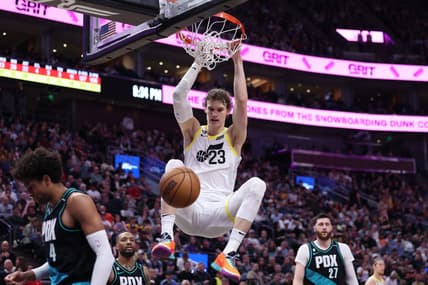 Mar 22, 2023; Salt Lake City, Utah, USA; Utah Jazz forward Lauri Markkanen (23) dunks the ball against the Portland Trail Blazers in the third quarter at Vivint Arena. Mandatory Credit: Rob Gray-USA TODAY Sports