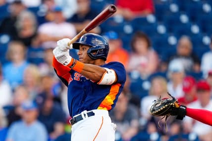 Mar 23, 2023; West Palm Beach, Florida, USA; Houston Astros shortstop Jeremy Pena (3) at the plate against the Washington Nationals during the third inning at The Ballpark of the Palm Beaches. Mandatory Credit: Rich Storry-USA TODAY Sports
