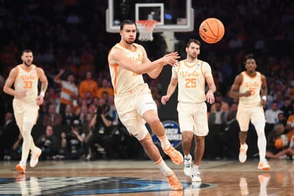 Tennessee forward Olivier Nkamhoua (13) passes the ball during a NCAA Tournament Sweet 16 game between Tennessee and FAU in Madison Square Garden, Thursday, March 23, 2023.

Volsfau0323 0325