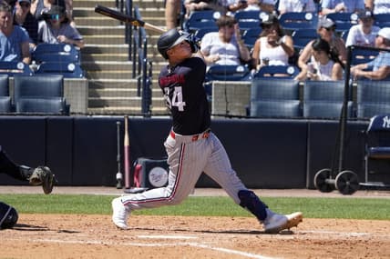 Mar 24, 2023; Tampa, Florida, USA;  Minnesota Twins first baseman Jose Miranda (64) flies out against the New York Yankees during the sixth inning at George M. Steinbrenner Field. Mandatory Credit: Dave Nelson-USA TODAY Sports