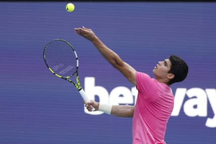 Mar 24, 2023; Miami, Florida, US; Carlos Alcaraz (ESP) serves against Facundo Bagnis (ARG) (not pictured) on day five of the Miami Open at Hard Rock Stadium. Mandatory Credit: Geoff Burke-USA TODAY Sports