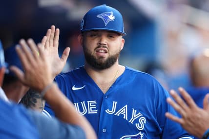Mar 24, 2023; Dunedin, Florida, USA;  Toronto Blue Jays starting pitcher Alek Manoah (6) is congratulated against the Philadelphia Phillies in the second inning during spring training at TD Ballpark. Mandatory Credit: Nathan Ray Seebeck-USA TODAY Sports