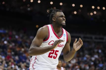 Mar 24, 2023; Kansas City, MO, USA; Houston Cougars forward Jarace Walker (25) reacts during the second half of an NCAA tournament Midwest Regional semifinal against the Miami Hurricanes at T-Mobile Center. Mandatory Credit: Jay Biggerstaff-USA TODAY Sports