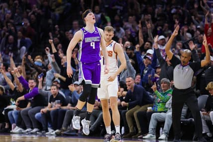 Mar 24, 2023; Sacramento, California, USA; Sacramento Kings guard Kevin Huerter (9) celebrates after a basket during the third quarter against the Phoenix Suns at Golden 1 Center. Mandatory Credit: Sergio Estrada-USA TODAY Sports
