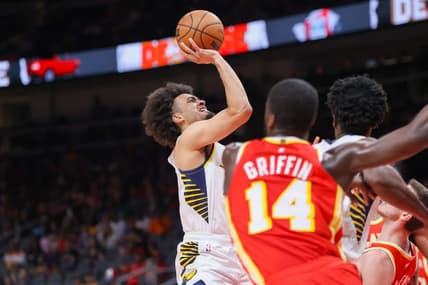 Mar 25, 2023; Atlanta, Georgia, USA; Indiana Pacers forward Jordan Nwora (13) shoots against the Atlanta Hawks in the second quarter at State Farm Arena. Mandatory Credit: Brett Davis-USA TODAY Sports