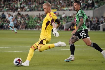 Mar 25, 2023; Austin, Texas, USA; Colorado Rapids goalkeeper William Yarbrough (22) and Austin FC forward Sebastian Driussi (10) in action during the first half at Q2 Stadium. Mandatory Credit: Scott Wachter-USA TODAY Sports