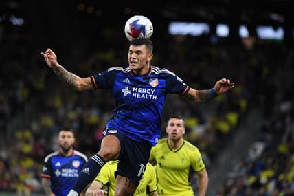 Mar 25, 2023; Nashville, Tennessee, USA; FC Cincinnati forward Brandon Vazquez (19) heads the ball at Geodis Park. Mandatory Credit: Christopher Hanewinckel-USA TODAY Sports