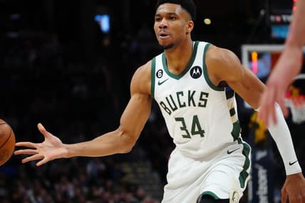 Mar 25, 2023; Denver, Colorado, USA; Milwaukee Bucks forward Giannis Antetokounmpo (34) passes the ball in the second quarter against the Denver Nuggets at Ball Arena. Mandatory Credit: Ron Chenoy-USA TODAY Sports