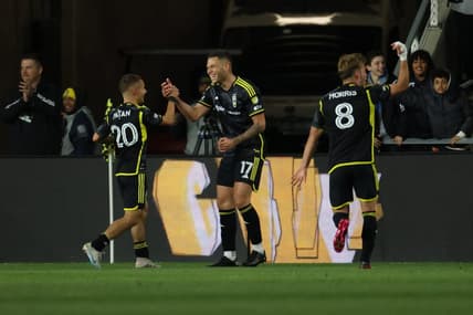 Mar 25, 2023; Columbus, Ohio, USA; Columbus Crew forward Christian Ramirez (17) celebrates with teammates after scoring a goal against Atlanta United at Lower.com Field. Mandatory Credit: Trevor Ruszkowski-USA TODAY Sports