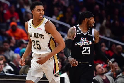 Mar 25, 2023; Los Angeles, California, USA; New Orleans Pelicans guard Trey Murphy III (25) reacts after scoring a basket against the Los Angeles Clippers during the second half at Crypto.com Arena. Mandatory Credit: Gary A. Vasquez-USA TODAY Sports