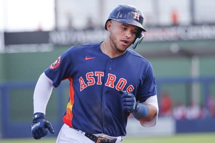 Mar 26, 2023; West Palm Beach, Florida, USA;  Houston Astros catcher Yainer Diaz (21) rounds third base following a grand-slam home run during the second inning against the St. Louis Cardinals at The Ballpark of the Palm Beaches. Mandatory Credit: Reinhold Matay-USA TODAY Sports