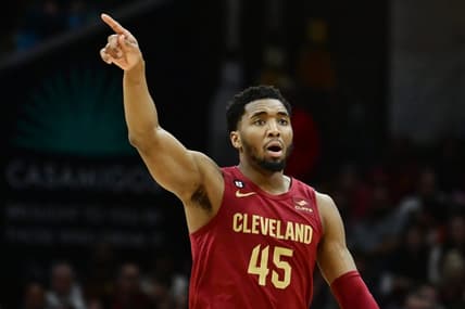 Mar 26, 2023; Cleveland, Ohio, USA; Cleveland Cavaliers guard Donovan Mitchell (45) calls out a play during the second half against the Houston Rockets at Rocket Mortgage FieldHouse. Mandatory Credit: Ken Blaze-USA TODAY Sports