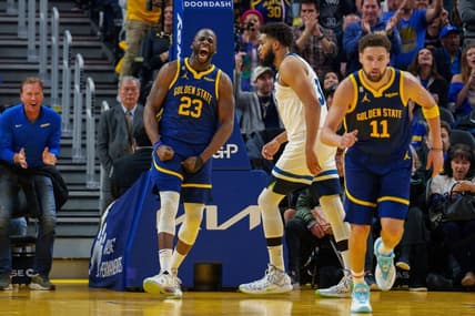 Mar 26, 2023; San Francisco, California, USA;  Golden State Warriors forward Draymond Green (23) celebrates after the basket during the second quarter against the Minnesota Timberwolves at Chase Center. Mandatory Credit: Neville E. Guard-USA TODAY Sports