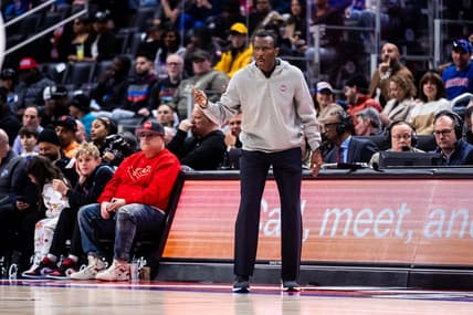 Mar 19, 2023; Detroit, Michigan, USA; Detroit Pistons head coach Dwane Casey calls to his team in the second half against the Miami Heat at Little Caesars Arena. Mandatory Credit: Allison Farrand-USA TODAY Sports