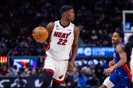 Mar 19, 2023; Detroit, Michigan, USA; Miami Heat forward Jimmy Butler (22) handles the ball in the second quarter against the Detroit Pistons at Little Caesars Arena. Mandatory Credit: Allison Farrand-USA TODAY Sports