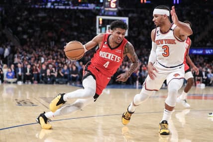 Mar 27, 2023; New York, New York, USA;  Houston Rockets guard Jalen Green (4) looks to drive past New York Knicks guard Josh Hart (3) in the second quarter at Madison Square Garden. Mandatory Credit: Wendell Cruz-USA TODAY Sports