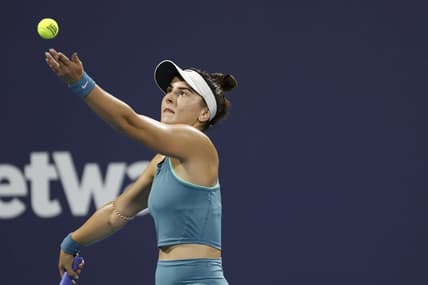 Mar 27, 2023; Miami, Florida, US; Bianca Andreescu (CAN) serves against Ekaterina Alexandrova (not pictured) on day eight of the Miami Open at Hard Rock Stadium. Mandatory Credit: Geoff Burke-USA TODAY Sports