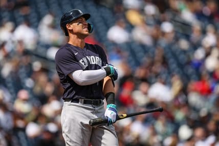 Mar 28, 2023; Washington, District of Columbia, USA; New York Yankees center fielder Aaron Judge (99) reacts against the Washington Nationals during the third inning of the Spring Training game at Nationals Park. Mandatory Credit: Scott Taetsch-USA TODAY Sports