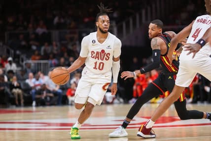 Mar 28, 2023; Atlanta, Georgia, USA; Cleveland Cavaliers guard Darius Garland (10) dribbles against the Atlanta Hawks in the first quarter at State Farm Arena. Mandatory Credit: Brett Davis-USA TODAY Sports