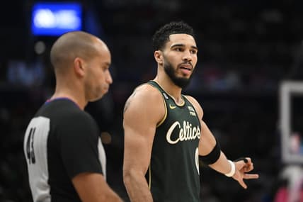 Mar 28, 2023; Washington, District of Columbia, USA; Boston Celtics forward Jayson Tatum (0) talks with referee Matt Myers (43) during the second half at Capital One Arena. Mandatory Credit: Brad Mills-USA TODAY Sports