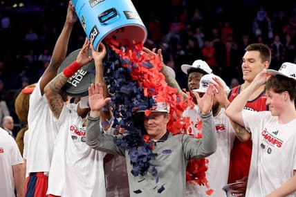 Mar 25, 2023; New York, NY, USA; Florida Atlantic Owls head coach Dusty May celebrates with his team after defeating the Kansas State Wildcats at Madison Square Garden to advance to the final four. Mandatory Credit: Brad Penner-USA TODAY Sports