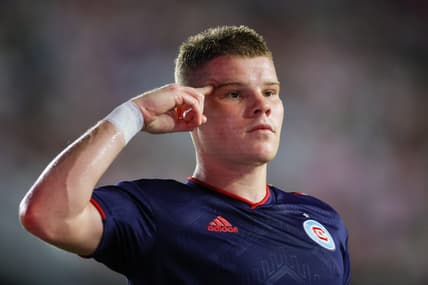 Mar 25, 2023; Fort Lauderdale, Florida, USA; Chicago Fire forward Chris Mueller (8) celebrates after scoring during the first half against Inter Miami CF at DRV PNK Stadium. Mandatory Credit: Sam Navarro-USA TODAY Sports