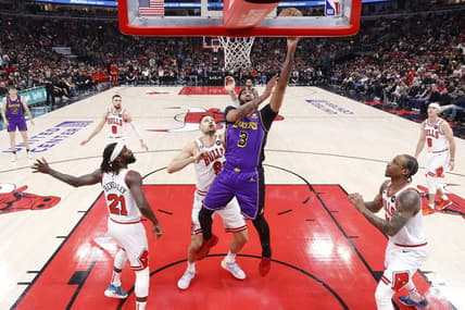 Mar 29, 2023; Chicago, Illinois, USA; Los Angeles Lakers forward Anthony Davis (3) goes to the basket against the Chicago Bulls during the first half at United Center. Mandatory Credit: Kamil Krzaczynski-USA TODAY Sports