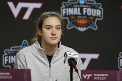 Mar 30, 2023; Dallas, TX, USA;  Virginia Tech Hokies center Elizabeth Kitley speaks with members of the media at the American Airlines Center. Mandatory Credit: Kirby Lee-USA TODAY Sports