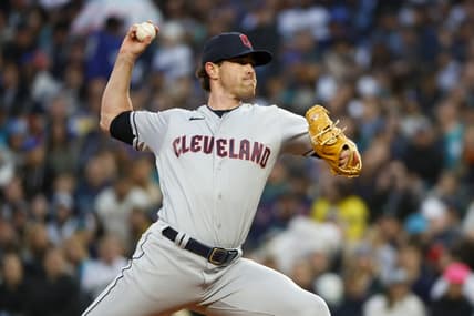 Mar 30, 2023; Seattle, Washington, USA; Cleveland Guardians starting pitcher Shane Bieber (57) throws against the Seattle Mariners during the first inning at T-Mobile Park. Mandatory Credit: Joe Nicholson-USA TODAY Sports