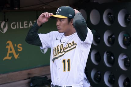 March 30, 2023; Oakland, California, USA; Oakland Athletics starting pitcher Shintaro Fujinami (11) stands in the dugout before the game against the Los Angeles Angels at RingCentral Coliseum. Mandatory Credit: Kyle Terada-USA TODAY Sports