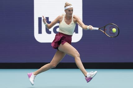 Mar 31, 2023; Miami, Florida, US; Petra Kvitova (CZE) hits a forehand against Sorana Cirstea (ROU) (not pictured) in a women's singles semifinal on day twelve on the Miami Open at Hard Rock Stadium. Mandatory Credit: Geoff Burke-USA TODAY Sports