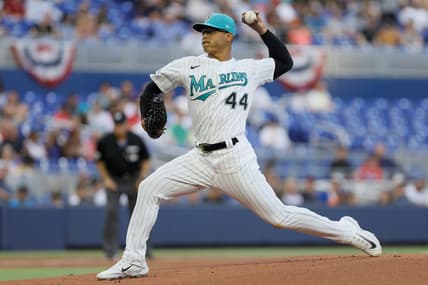 Mar 31, 2023; Miami, Florida, USA; Miami Marlins starting pitcher Jesus Luzardo (44) delivers a pitch during the first inning against the New York Mets at loanDepot Park. Mandatory Credit: Sam Navarro-USA TODAY Sports