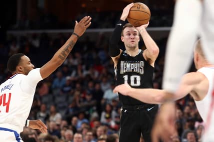 Mar 31, 2023; Memphis, Tennessee, USA; Memphis Grizzlies guard Luke Kennard (10) shoots a three point basket during the first half against the Los Angeles Clippers at FedExForum. Mandatory Credit: Petre Thomas-USA TODAY Sports
