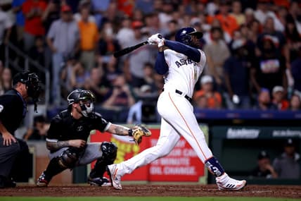 Mar 31, 2023; Houston, Texas, USA; Houston Astros designated hitter Yordan Alvarez (44) hits a three-run RBI double to center field against the Chicago White Sox during the seventh inning at Minute Maid Park. Mandatory Credit: Erik Williams-USA TODAY Sports