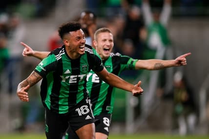 Nov 3, 2021; Austin, Texas, USA; Austin FC defender Julio Cascante (18) celebrates after his goal in the first half against Sporting Kansas City at Q2 Stadium. Mandatory Credit: Isaiah J. Downing-USA TODAY Sports