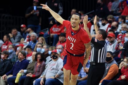Nov 16, 2021; Piscataway, New Jersey, USA; NJIT Highlanders guard Dylan O'Hearn (2) reacts after making a three point basket during the second half against the Rutgers Scarlet Knights at Jersey Mike's Arena. Mandatory Credit: Vincent Carchietta-USA TODAY Sports