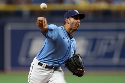 Apr 23, 2022; St. Petersburg, Florida, USA;  Tampa Bay Rays relief pitcher Javy Guerra (25) throws a pitch against the Boston Red Sox in the third inning at Tropicana Field. Mandatory Credit: Nathan Ray Seebeck-USA TODAY Sports
