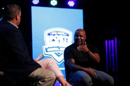 Former Atlanta Braves outfielder Andruw Jones talks with Frank Sulkowski and Amy Zimmer of WJCL 22 during the 2022 Savannah Morning News Coastal Empire High School Sports Awards at the Johnny Mercer Theatre.