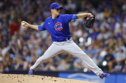 Jul 5, 2022; Milwaukee, Wisconsin, USA;  Chicago Cubs pitcher Kyle Hendricks (28) throws a pitch during the first inning against the Milwaukee Brewers at American Family Field. Mandatory Credit: Jeff Hanisch-USA TODAY Sports
