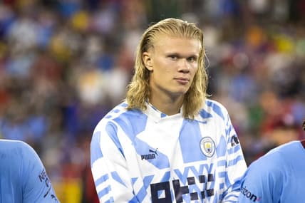 Manchester City forward Erling Haaland (9) looks into the crowd after the exhibition match between FC Bayern Munich and Manchester City on Saturday, July 23, 2022 at Lambeau Field in Green Bay, Wis. Mandatory Credit: Samantha Madar-USA TODAY Sports