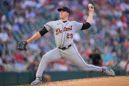 Aug 1, 2022; Minneapolis, Minnesota, USA; Detroit Tigers starting pitcher Tarik Skubal (29) pitches against the Minnesota Twins in the fourth inning at Target Field. Mandatory Credit: Brad Rempel-USA TODAY Sports