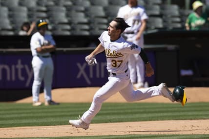 Aug 10, 2022; Oakland, California, USA; Oakland Athletics center fielder Cal Stevenson (37) scores on a three-RBI double by Tony Kemp (not pictured) during the seventh inning against the Los Angeles Angels at RingCentral Coliseum. Mandatory Credit: D. Ross Cameron-USA TODAY Sports