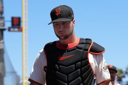 Aug 14, 2022; San Francisco, California, USA; San Francisco Giants catcher Joey Bart (21) walks to the dugout before the game against the Pittsburgh Pirates at Oracle Park. Mandatory Credit: Darren Yamashita-USA TODAY Sports