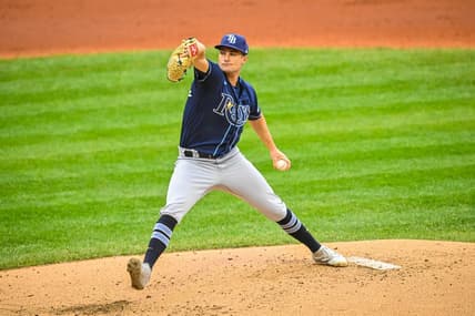 Oct 7, 2022; Cleveland, Ohio, USA; Tampa Bay Rays starting pitcher Shane McClanahan (18) throws a pitch against the Cleveland Guardians in the second inning during game one of the Wild Card series for the 2022 MLB Playoffs at Progressive Field. Mandatory Credit: David Richard-USA TODAY Sports