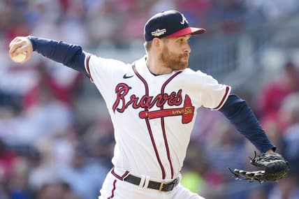 Oct 11, 2022; Atlanta, Georgia, USA; Atlanta Braves relief pitcher Collin McHugh (32) throws against the Philadelphia Phillies in the sixth inning during game one of the NLDS for the 2022 MLB Playoffs at Truist Park. Mandatory Credit: Dale Zanine-USA TODAY Sports