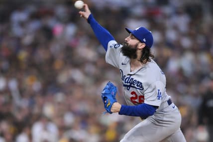 Oct 14, 2022; San Diego, California, USA; Los Angeles Dodgers starting pitcher Tony Gonsolin (26) throws a pitch in the first inning against the San Diego Padres during game three of the NLDS for the 2022 MLB Playoffs at Petco Park. Mandatory Credit: Orlando Ramirez-USA TODAY Sports